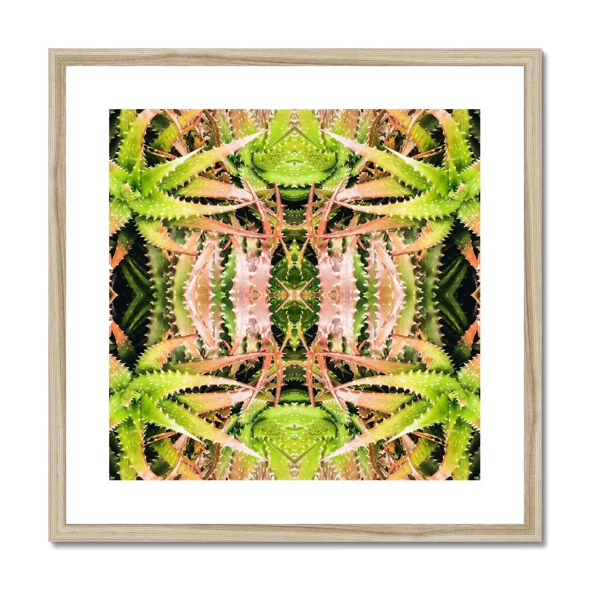 Centre Stage Trippy Cactus Art Print, Kaleidoscopic Pattern Mirrored Ferns Pink Flowers Symmetrical Arrangement
