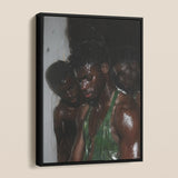 Centerfold - Black Gay Cruising Framed Canvas, Framed Wall Art Three Dark-skinned Individuals Green Attire