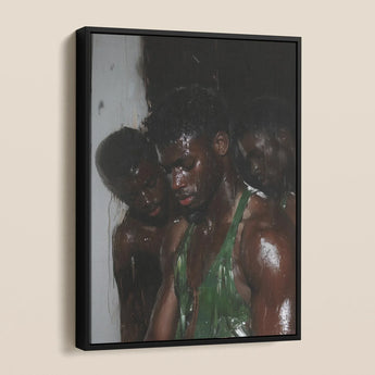 Centerfold - Black Gay Cruising Framed Canvas, Framed Wall Art Three Dark-skinned Individuals Green Attire