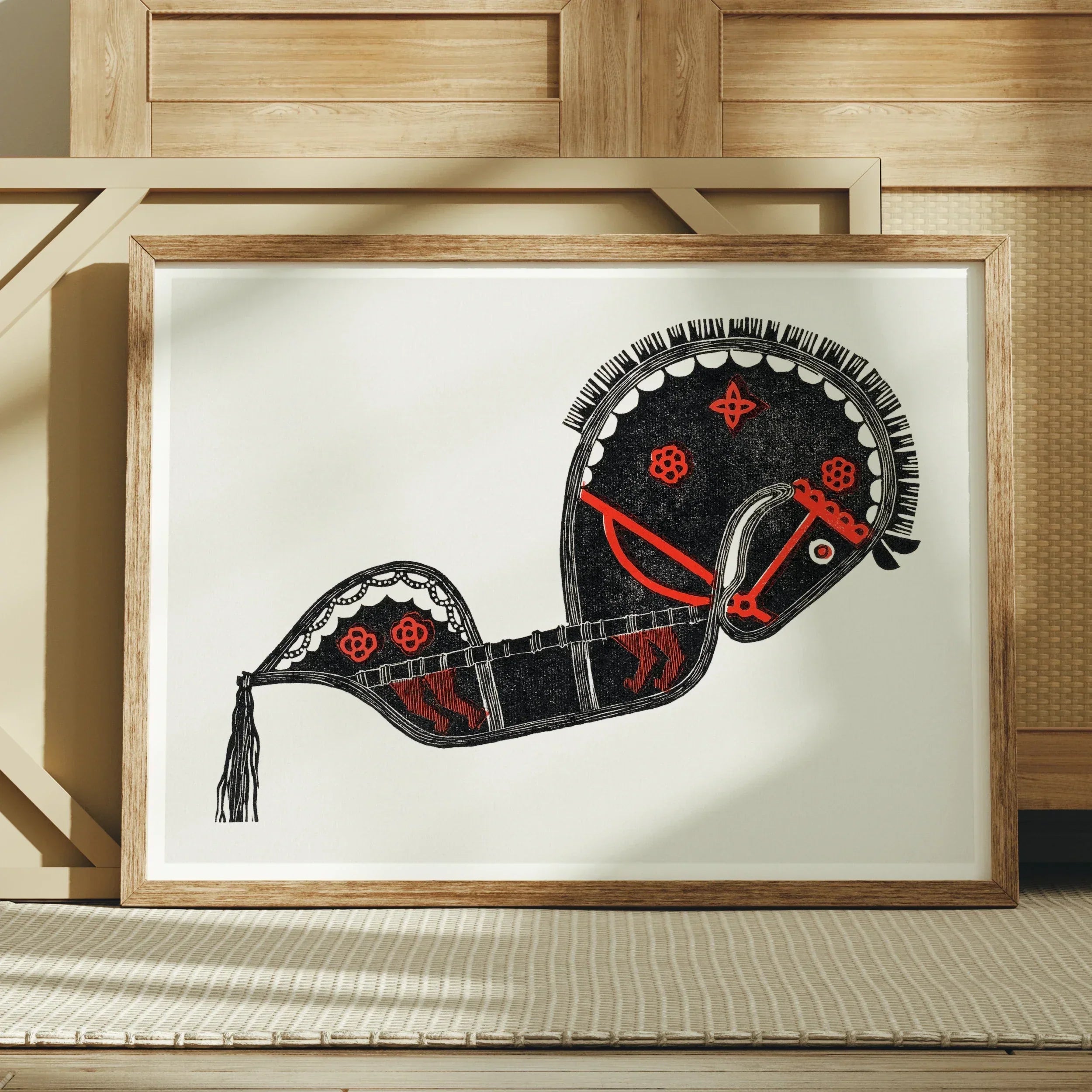 Ceremonieel Danspaard - Reijer Stolk Graphic Art Print, Stylized Black Horse Artwork Red Decorative Elements Folk