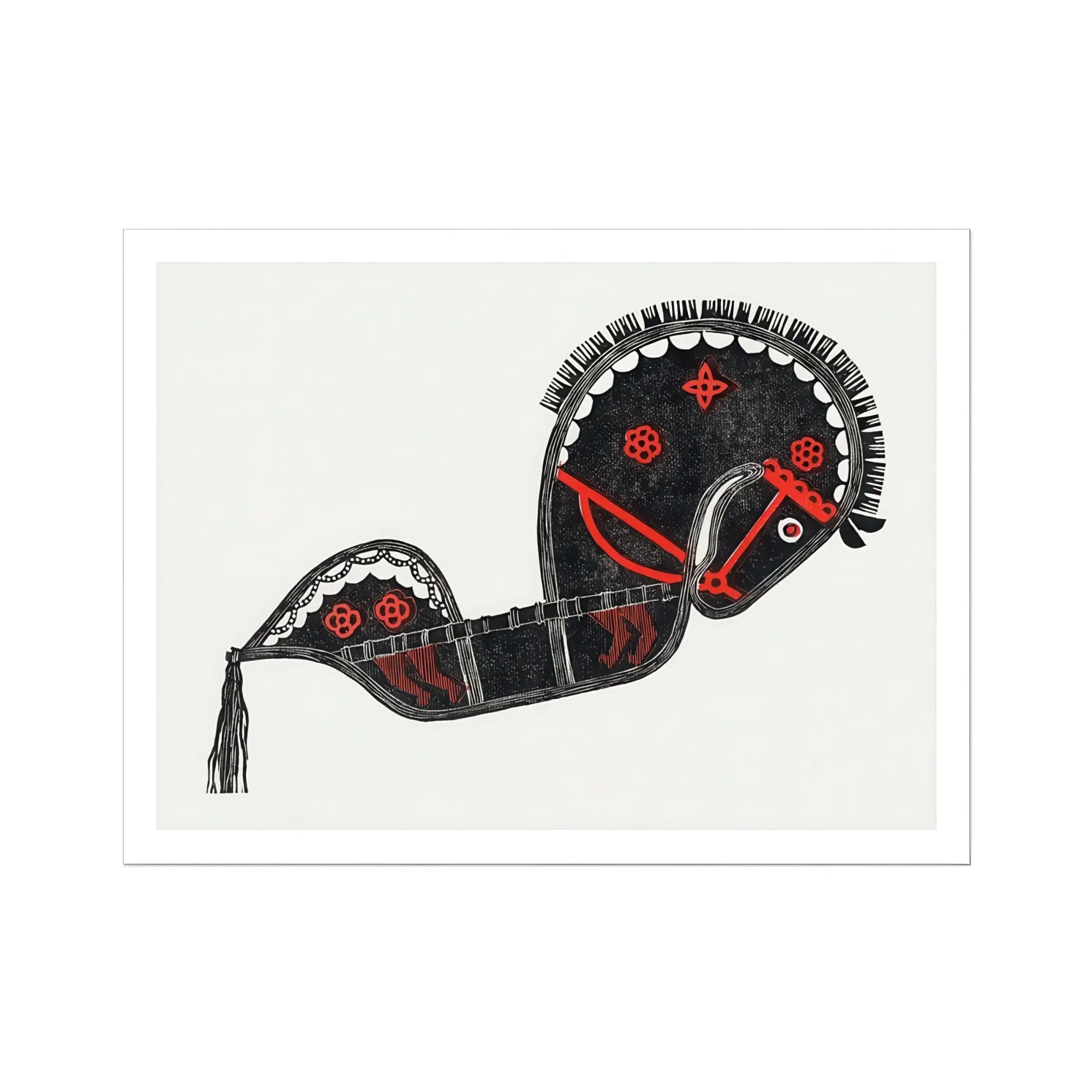 Ceremonieel Danspaard - Reijer Stolk Graphic Art Print, Stylized Black Horse Red Decorative Patterns Drawn Folk