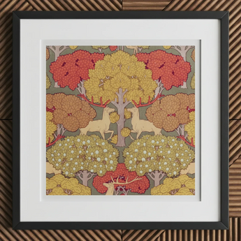 Cerfs et Arbres - Maurice Pillard Verneuil Art Print, 12x12’’ / 31x31cm / Black Frame / 2’’ Matboard, Framed Artwork Symmetrical Forest