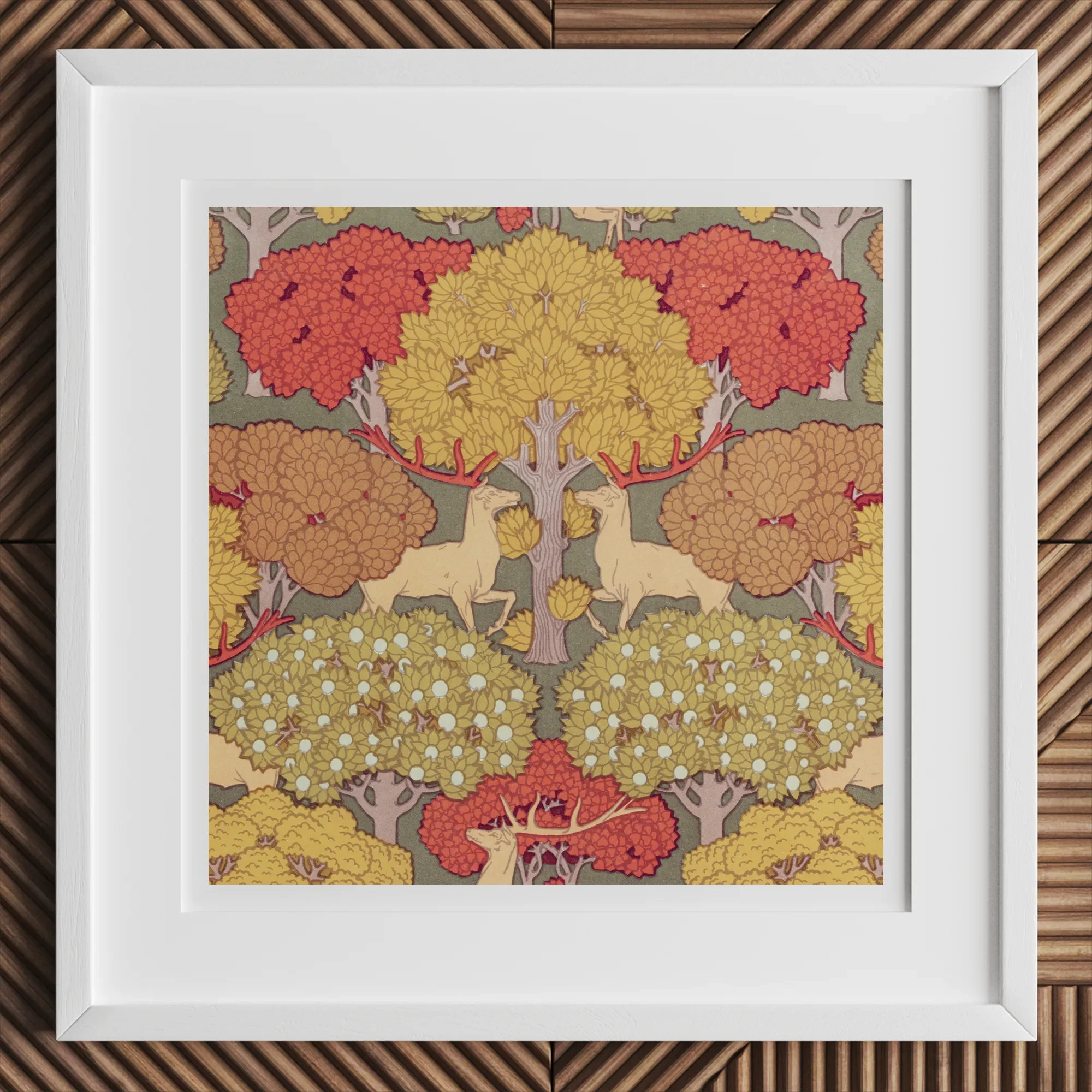 Cerfs et Arbres - Maurice Pillard Verneuil Art Print, 12x12’’ / 31x31cm / White Frame, Framed Tapestry Print Symmetrical Forest Scene Deer
