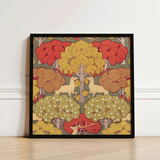 Square-framed Art Print Stylized Deer Trees Autumnal Hues Maurice Pillard Verneuil, Nouveau, Verneuil’s Sylvan Reverie