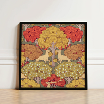 Square-framed Art Print Stylized Deer Trees Autumnal Hues Maurice Pillard Verneuil, Nouveau, Verneuil’s Sylvan Reverie