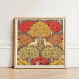 Square-framed Art Print Stylized Deer Autumn Trees Vibrant Maurice Pillard Verneuil, Nouveau, Verneuil’s Sylvan Reverie