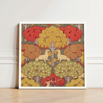 Framed Art Print Stylized Deer Trees Autumnal Hues Maurice Pillard Verneuil, Nouveau, Verneuil’s Sylvan Reverie