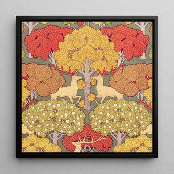 Cerfs et Arbres - Maurice Pillard Verneuil Art Print / Canvas Framed Artwork Stylized Deer Autumn Trees Vibrant Red Maurice Pillard