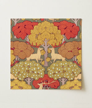 Square Canvas Print Stylized Deer Autumn Trees Red Maurice Pillard Verneuil, Art Nouveau, Verneuil’s Sylvan Reverie