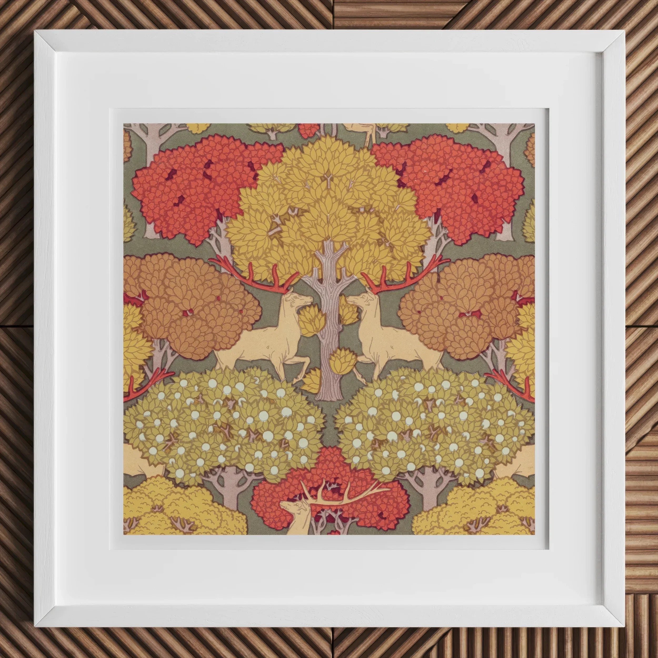 Cerfs et Arbres - Maurice Pillard Verneuil Art Print, Framed Artwork Stylized Forest Scene Trees Deer Warm