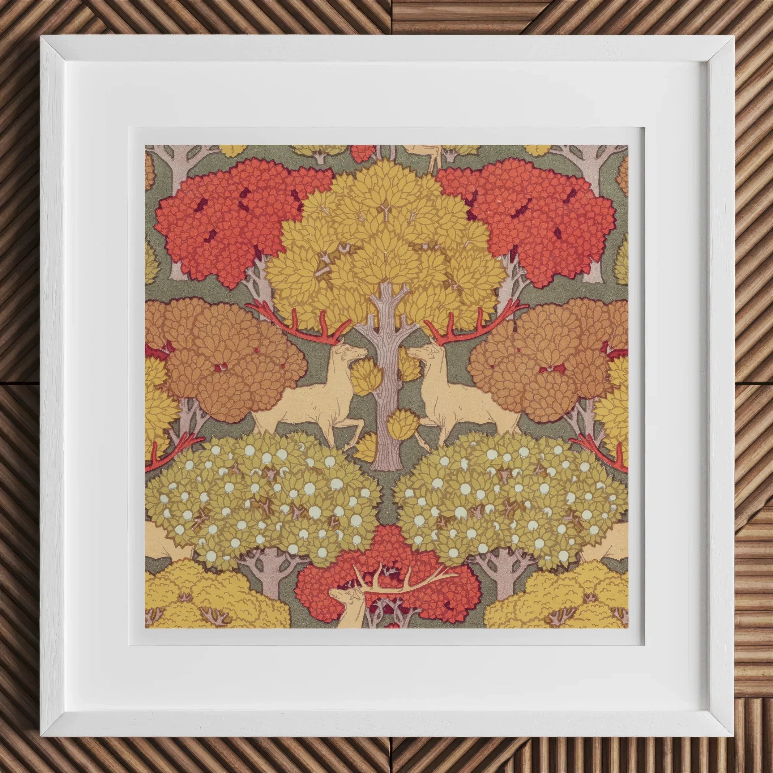 Cerfs et Arbres Maurice Pillard Verneuil Art Print, Framed Artwork Stylized Forest Scene Trees Deer Warm