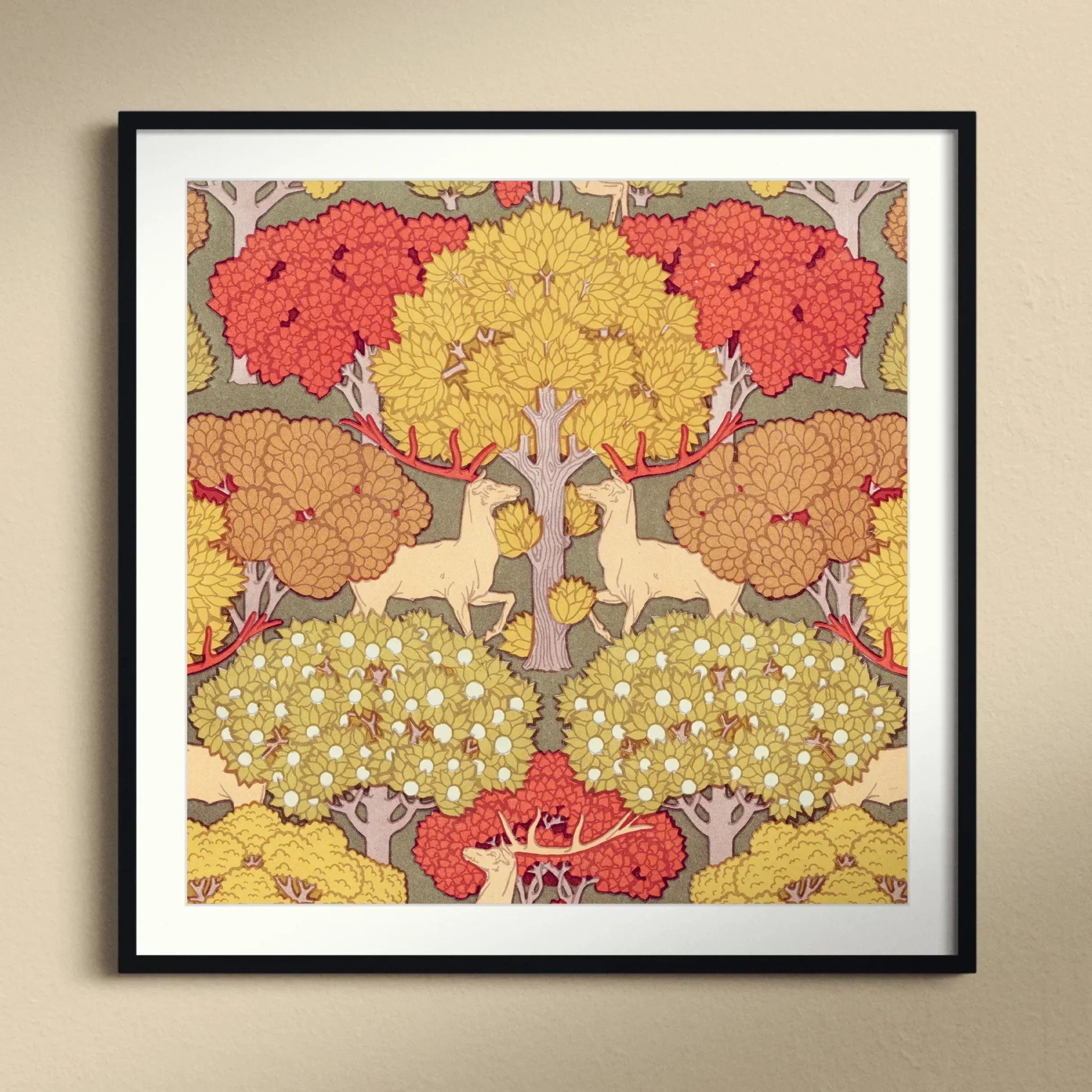 Cerfs et Arbres - Maurice Pillard Verneuil Art Print, Framed Art Print Deer Stylized Forest Red Yellow