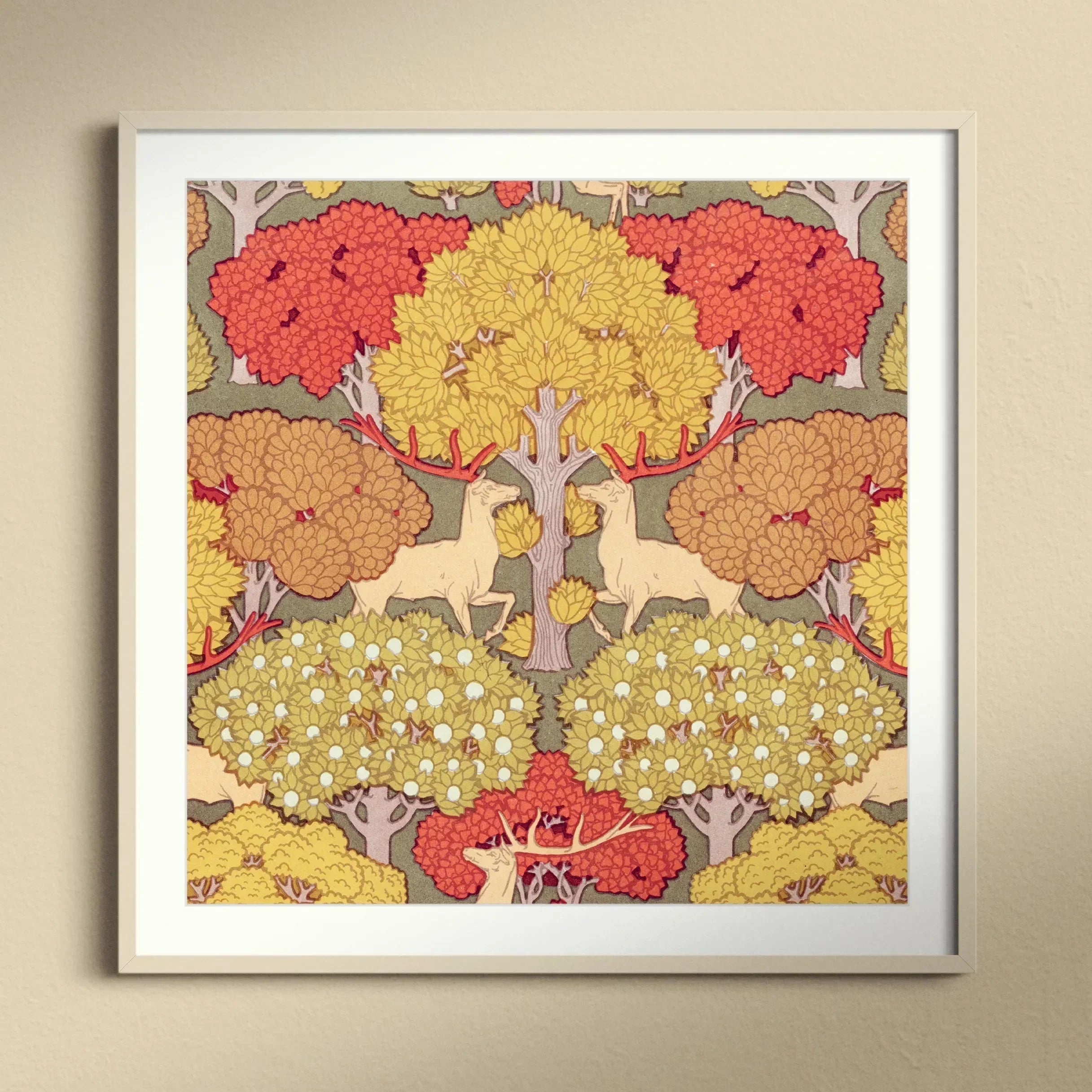 Cerfs et Arbres - Maurice Pillard Verneuil Art Print, Framed Art Print Symmetrical Pattern Trees Red Yellow