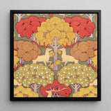 Cerfs et Arbres - Maurice Pillard Verneuil Framed Canvas, 12x12’’ / 31x31cm / Black Floating Frame, Colorful Stylized Forest Scene Deer