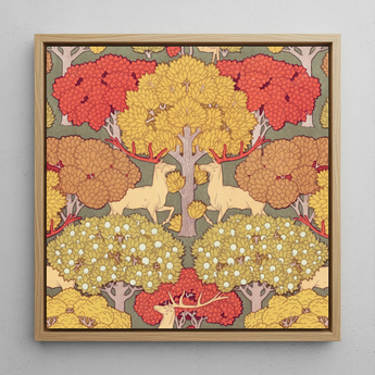 Cerfs et Arbres - Maurice Pillard Verneuil Framed Canvas, 12x12’’ / 31x31cm / Natural Floating Frame, Framed Artwork Symmetrical Forest