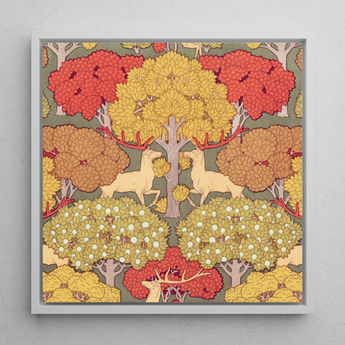 Cerfs et Arbres - Maurice Pillard Verneuil Framed Canvas, 12x12’’ / 31x31cm / White Floating Frame, Framed Symmetrical Deer Tree Pattern