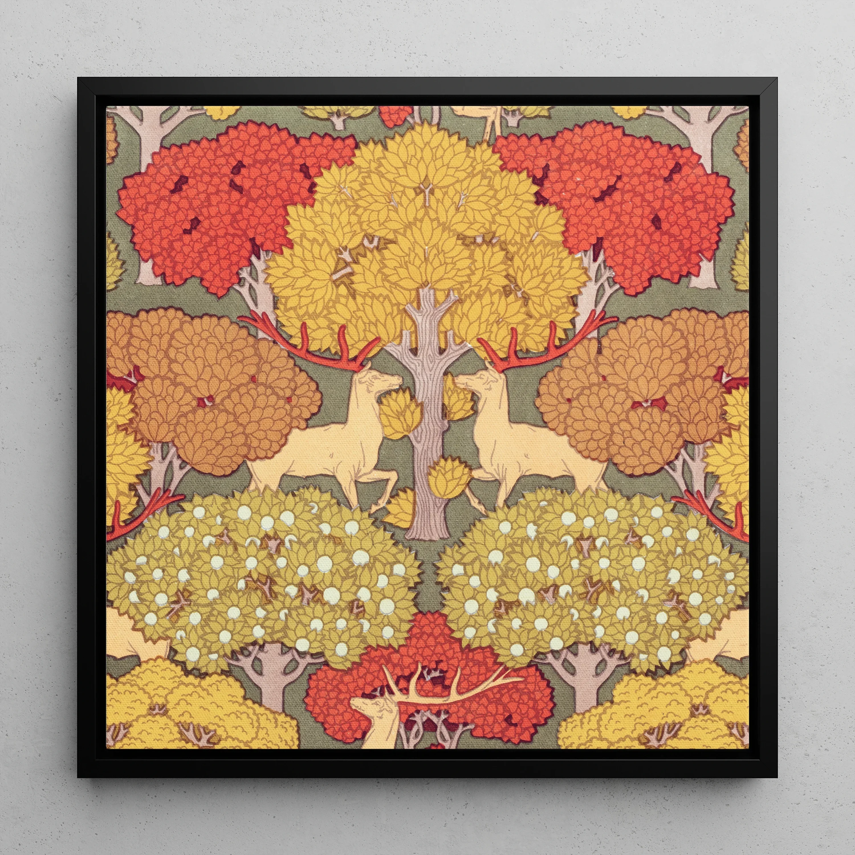 Cerfs et Arbres - Maurice Pillard Verneuil Framed Canvas, Colorful Stylized Forest Scene Deer Trees Autumn Hues