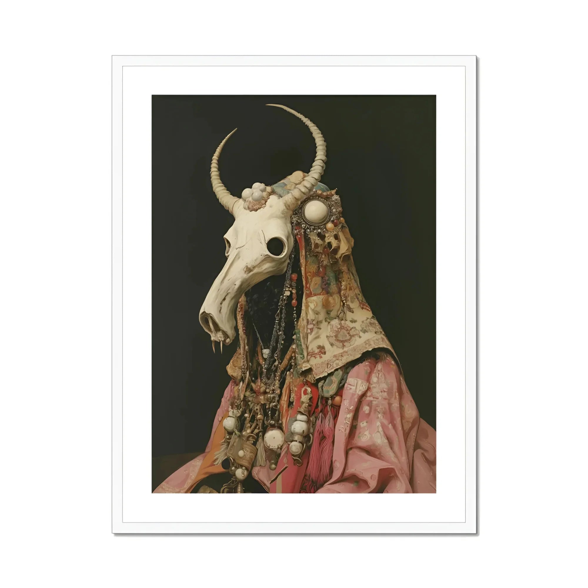 Cernunnos - Pagan Priest Art Print, Animal Skull Adorned Ornate Fabric Beads Decorative Elements