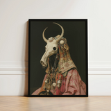 Framed Artwork Bull Skull Adorned Ornate Patterned Fabric Pagan Priest Art, Looms, Dimly Lit Otherworldly Space
