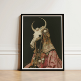 Framed Artwork Bull Skull Adorned Ornate Patterned Fabric Pagan Priest Art, Looms, Dimly Lit Otherworldly Space