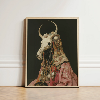 Framed Artwork Bull Skull Adorned Ornate Patterned Fabric Pagan Priest Art, Looms, Dimly Lit Otherworldly Space