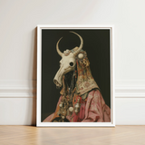 Framed Artwork Cow Skull Adorned Ornate Patterned Fabric Pagan Priest Art, Looms, Dimly Lit Otherworldly Space