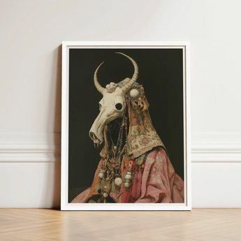 Framed Artwork Cow Skull Adorned Ornate Patterned Fabric Pagan Priest Art, Looms, Dimly Lit Otherworldly Space