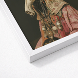 Framed Artwork Figure Adorned Ornate Layered Garments Pink Pagan Priest Art, Looms, Dimly Lit Otherworldly Space