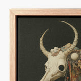 Framed Canvas Print Detailed Off-white Animal Skull Long Pagan Priest Art, Looms, Dimly Lit Otherworldly Space