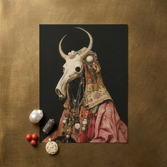 Rectangular Art Print Stylized Figure Ornate Cream-colored Animal Pagan Priest, Looms, Dimly Lit Otherworldly Space