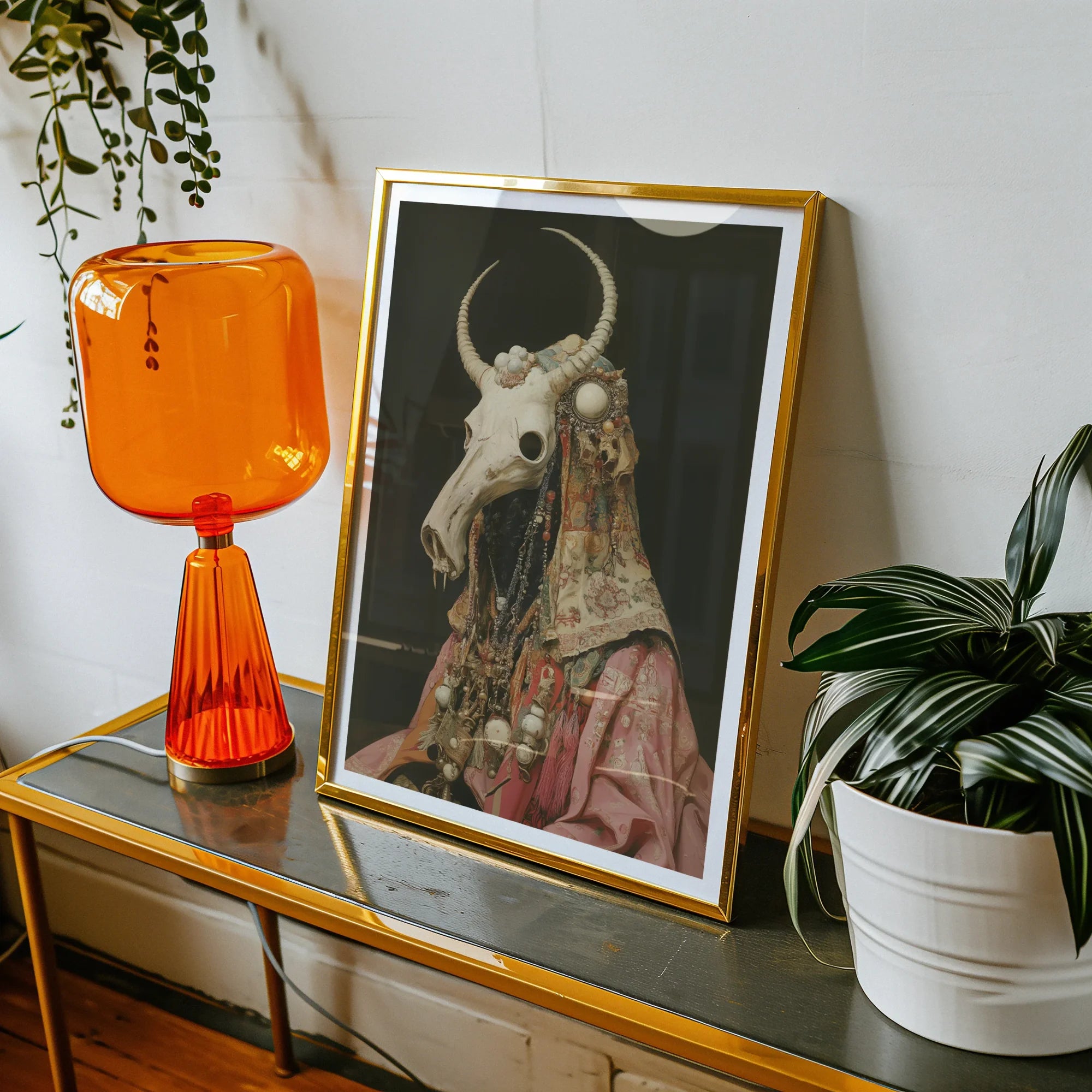 Cernunnos - Pagan Priest Art Print, Framed Surreal Artwork Horned Skull Atop Ornate Pink