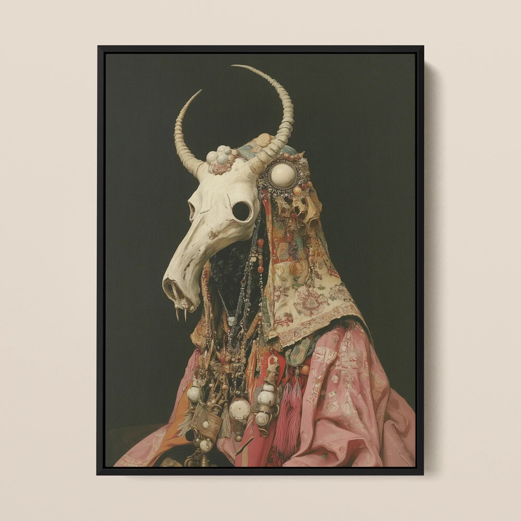 Cernunnos - Pagan Priest Framed Canvas, 12x16’’ / 31x41cm / Black Floating Frame, Framed Skull-masked Figure