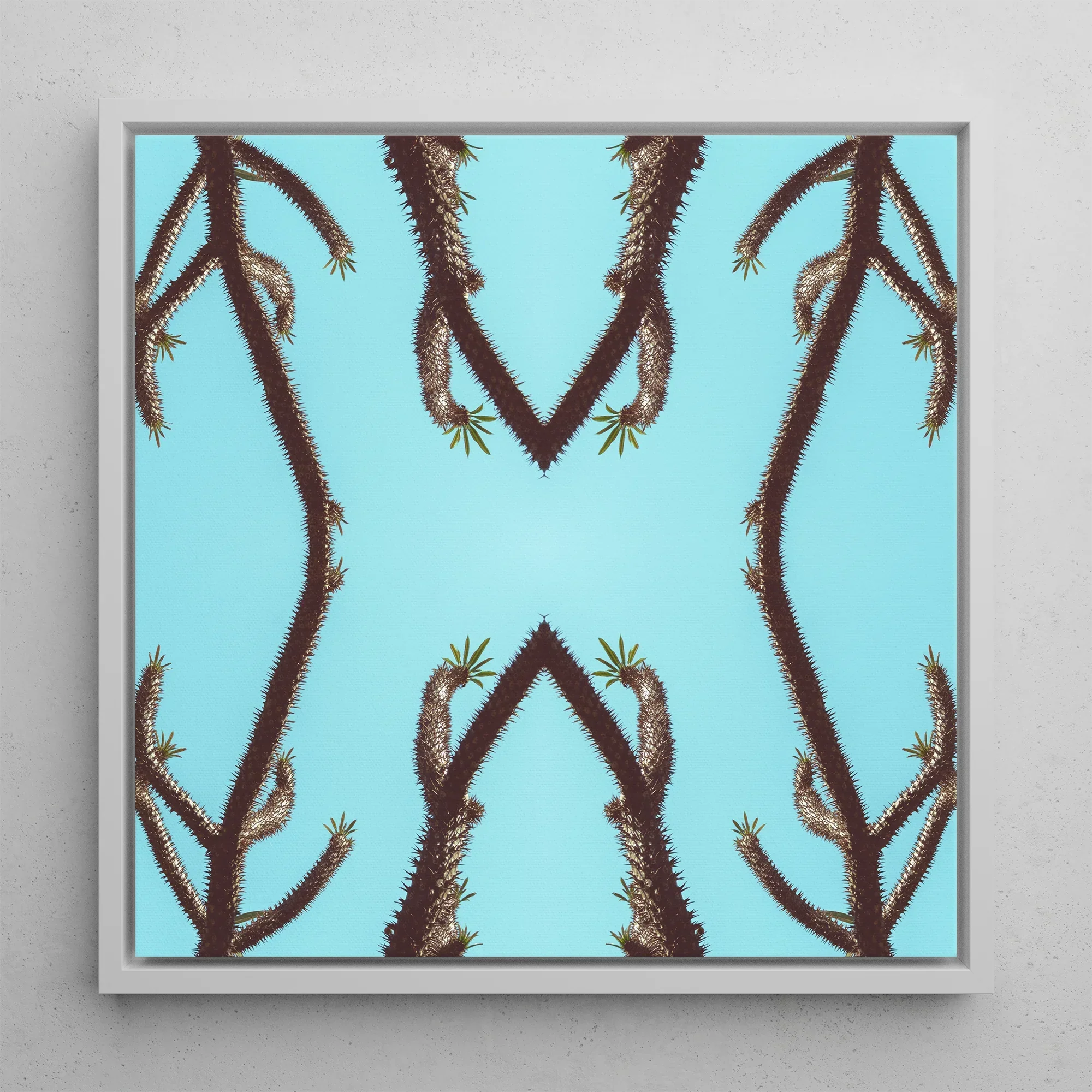 Chain Reaction - Trippy Succulent Art Framed Canvas, 12x12’’ / 31x31cm / White Floating Frame, Symmetrical Botanical Art Print