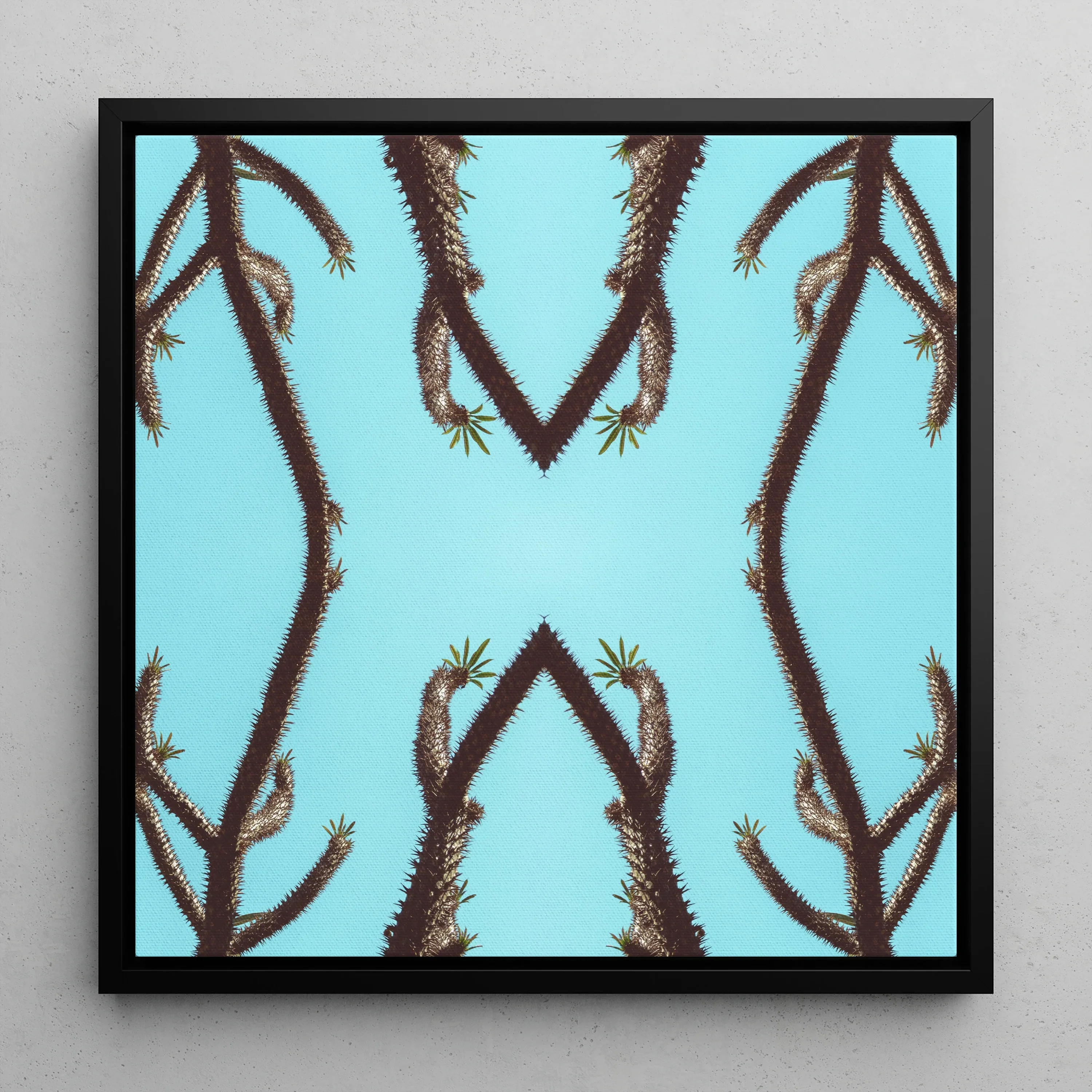 Chain Reaction - Trippy Succulent Art Framed Canvas, Symmetrical Pattern Palm Tree Branches Light Blue Background