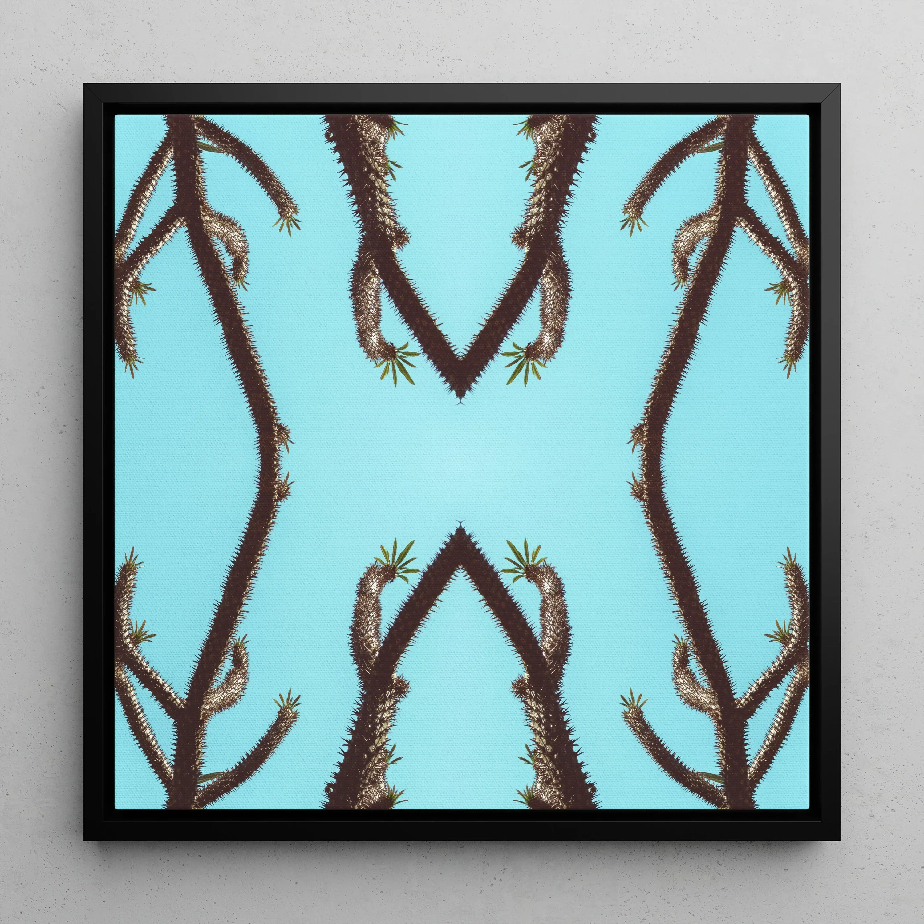 Chain Reaction Trippy Succulent Art Framed Canvas, Symmetrical Pattern Palm Tree Branches Light Blue Background