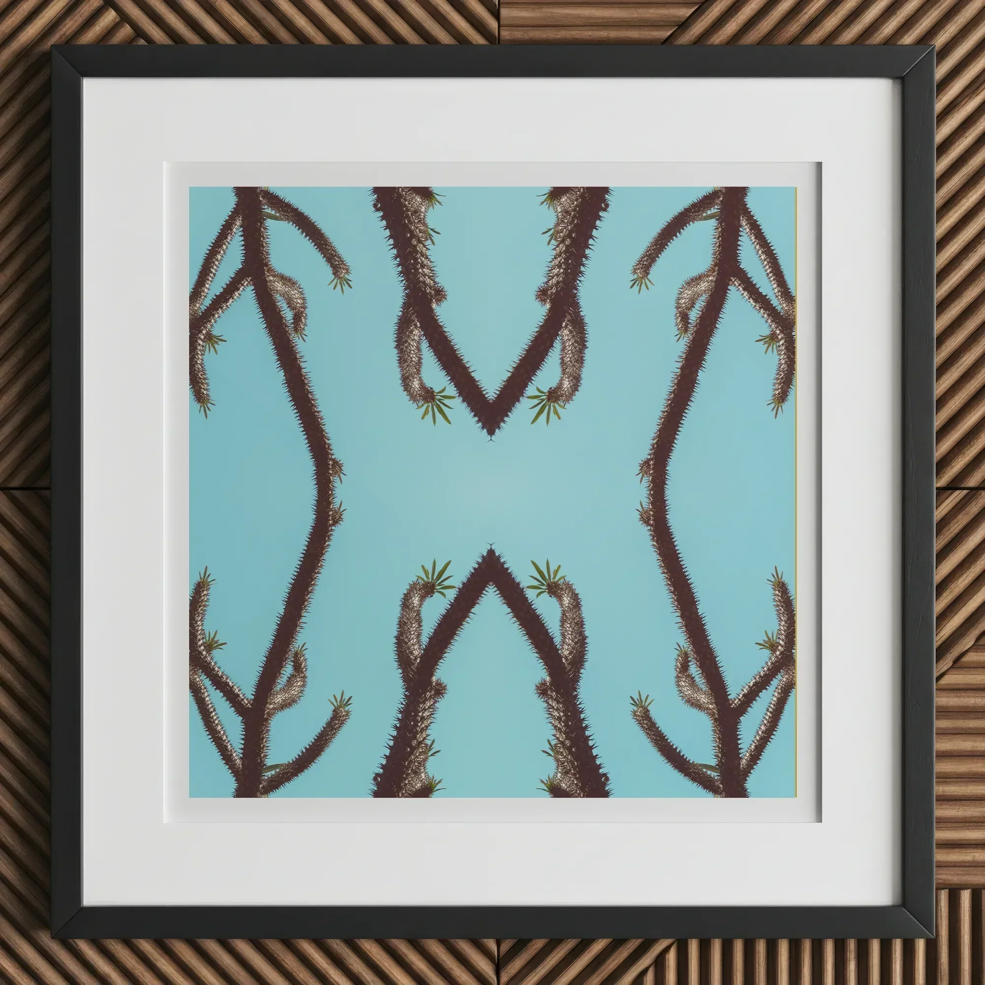 Chain Reaction - Trippy Succulent Art Print, 12x12’’ / 31x31cm / Black Frame / 2’’ Matboard, Framed Artwork Symmetrical Pattern Brown Spiky
