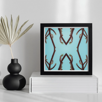 Chain Reaction - Trippy Succulent Art Print, Framed Abstract Artwork Symmetrical Brown Shapes Light Blue