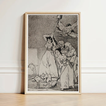 Chasing and Sweeping Bird Figures with Mens’ Heads out of a Door - Francisco De Goya Art Print / Canvas Framed Black-and-white Dramatic