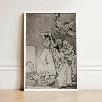 Chasing and Sweeping Bird Figures with Mens’ Heads out of a Door - Francisco De Goya Art Print / Canvas Framed Black-and-white Dramatic