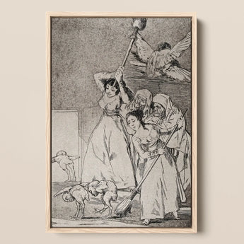 Chasing and Sweeping Bird Figures with Mens’ Heads out of a Door - Francisco De Goya Art Print / Canvas Framed Black-and-white Dramatic