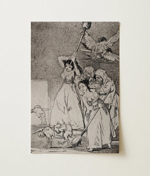Monochromatic Print Dramatic Scene Figures Period Attire Rendered Winged Caricatures Scuttle, Sweeping Bird, Dim Doorway