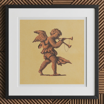 Cherub Blowing Trumpets - Neoclassical Angel Art Print, 12x12’’ / 31x31cm / Black Frame / 2’’ Matboard, Framed Artwork Winged Figure Double