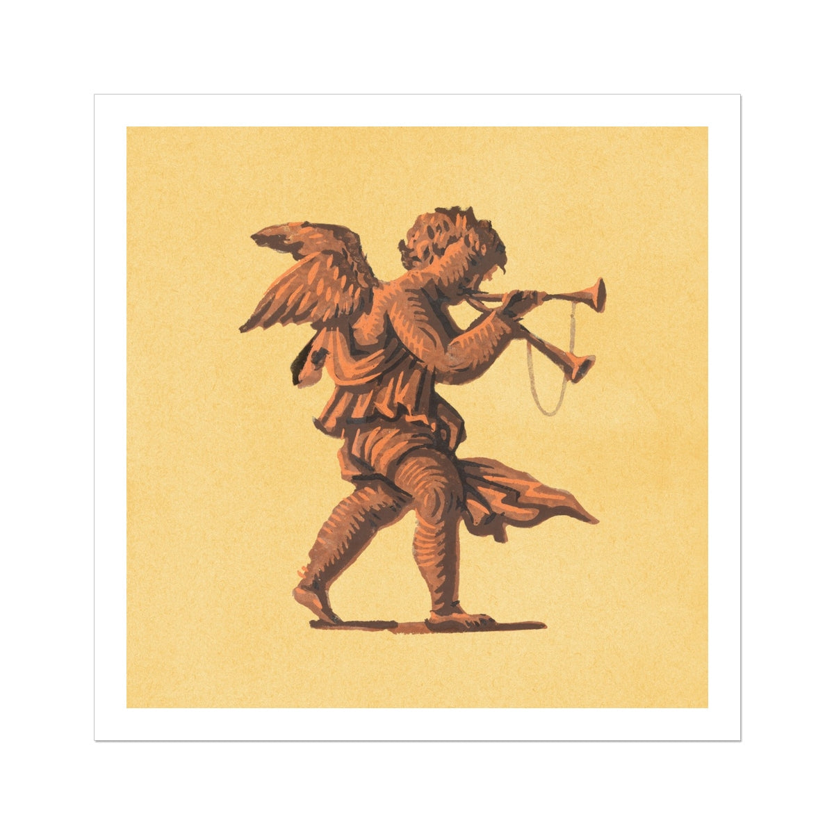 Cherub Blowing Trumpets Neoclassical Angel Art Print, 30x30’’ / 76x76cm / Unframed, Winged Cherub Two Trumpets