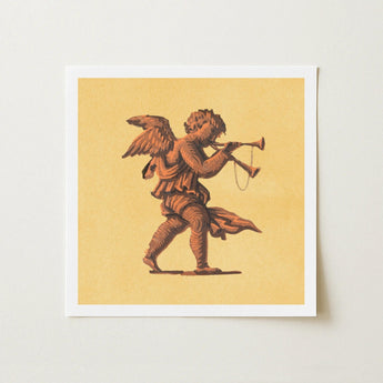 Cherub Blowing Trumpets - Neoclassical Angel Art Print / Canvas Square-framed Sepia-toned Illustration Cupid Horn Pale Yellow, Parchment