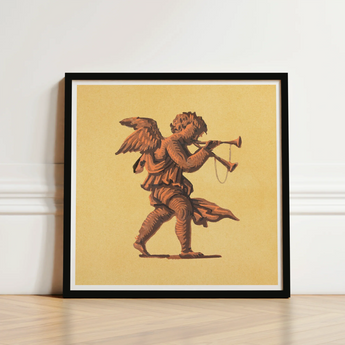 Framed Artwork Bronze-toned Cherub Horn Warm Yellow Background Blowing Trumpets, Neoclassical Angel Art Print, Parchment Air