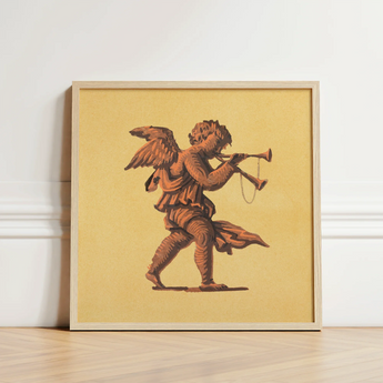 Framed Artwork Brown Winged Cherub Horn Mustard-yellow Background Blowing Trumpets, Neoclassical Angel Art Print, Parchment Air