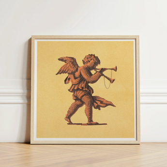 Framed Artwork Bronze-toned Cherub Horn Warm Yellow Background Blowing Trumpets, Neoclassical Angel Art Print, Parchment Air