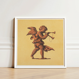 Framed Artwork Bronze-toned Cherub Horn Warm Yellow Background Blowing Trumpets, Neoclassical Angel Art Print, Parchment Air