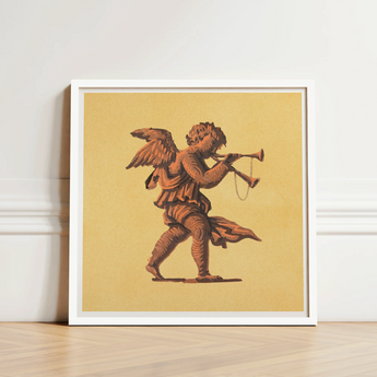 Framed Artwork Bronze-toned Cherub Horn Warm Yellow Background Blowing Trumpets, Neoclassical Angel Art Print, Parchment Air