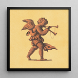 Cherub Blowing Trumpets - Neoclassical Angel Art Print / Canvas Framed Artwork Bronze-toned Cupid Horn Pale Yellow Background Cherub